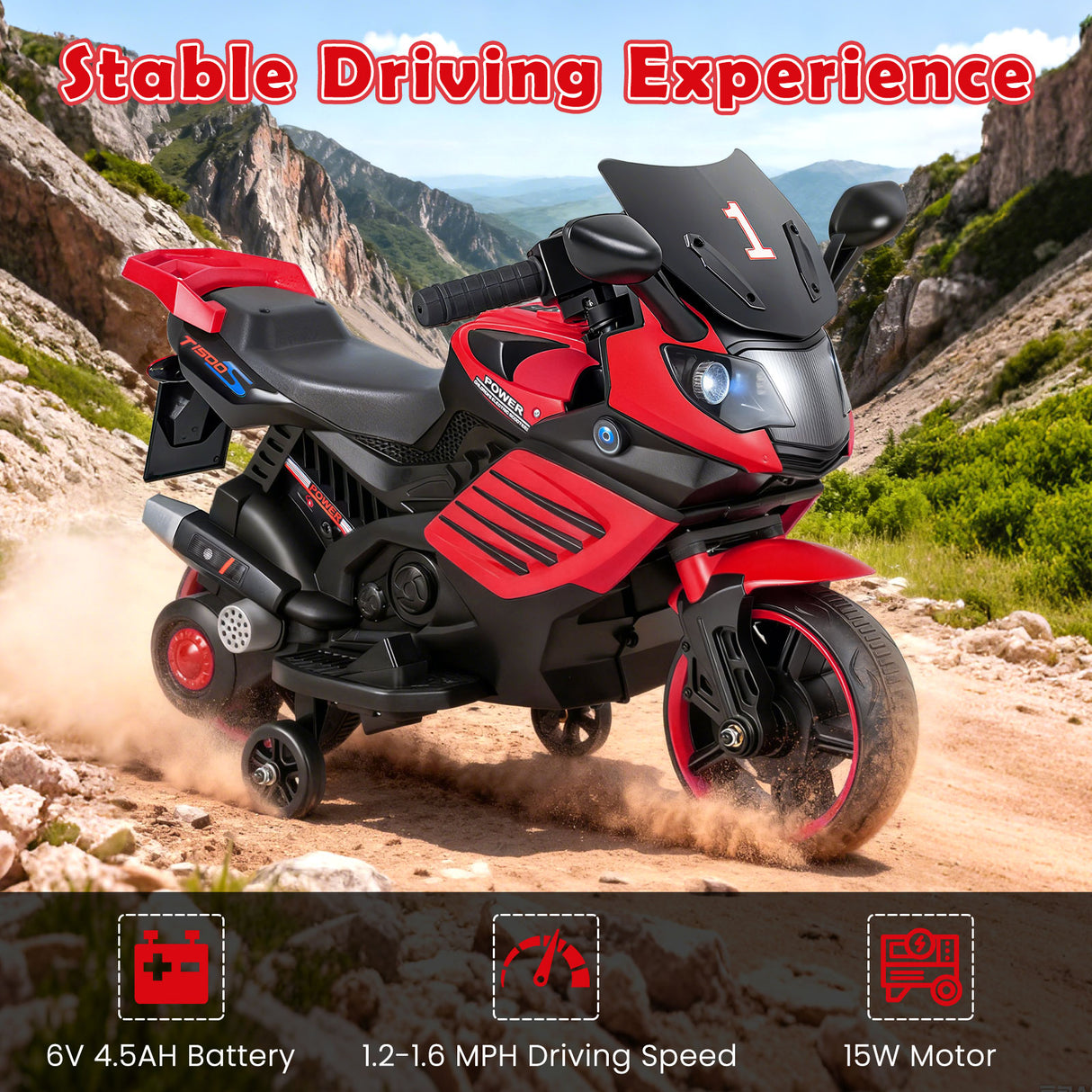 6V Kids Motorcycle with Headlights Music and Detachable Training Wheels-Red
