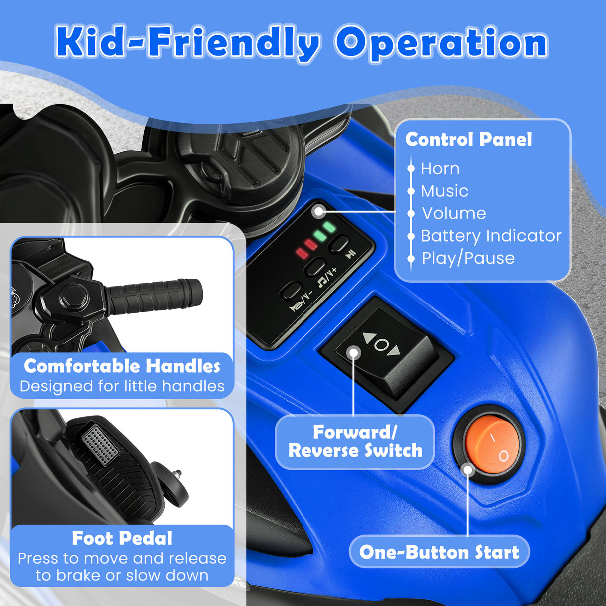 6V Kids Motorcycle with Headlights Music and Detachable Training Wheels-Navy