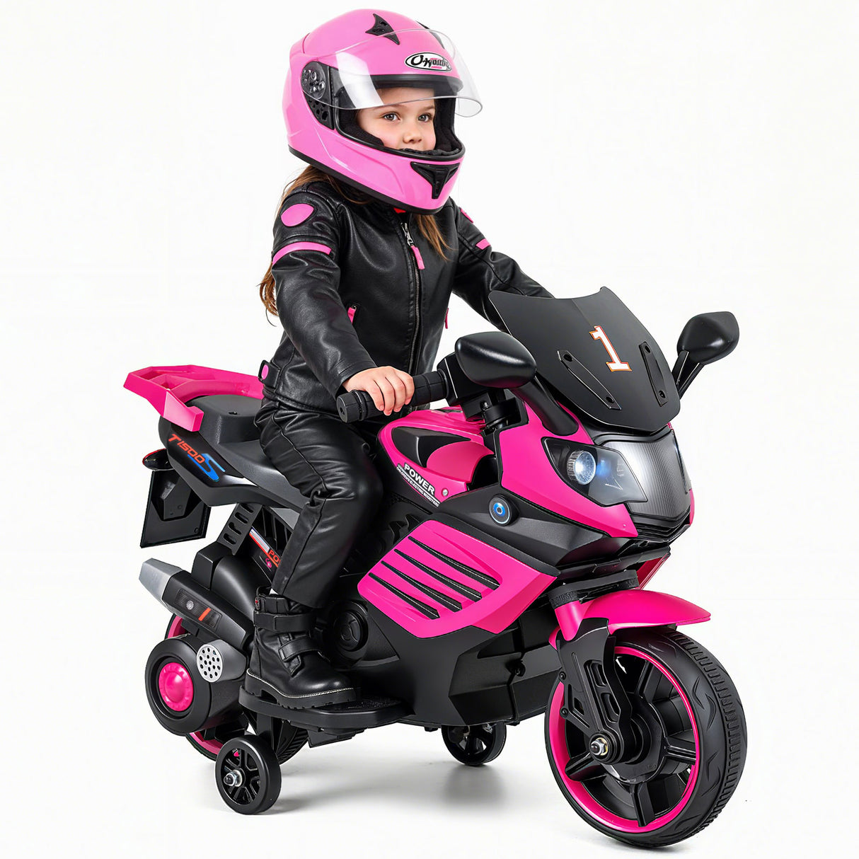 6V Kids Motorcycle with Headlights Music and Detachable Training Wheels-Pink