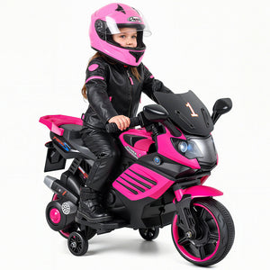 6V Kids Motorcycle with Headlights Music and Detachable Training Wheels-Pink
