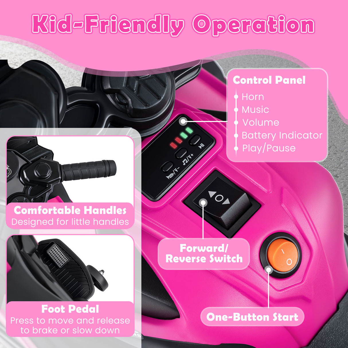 6V Kids Motorcycle with Headlights Music and Detachable Training Wheels-Pink