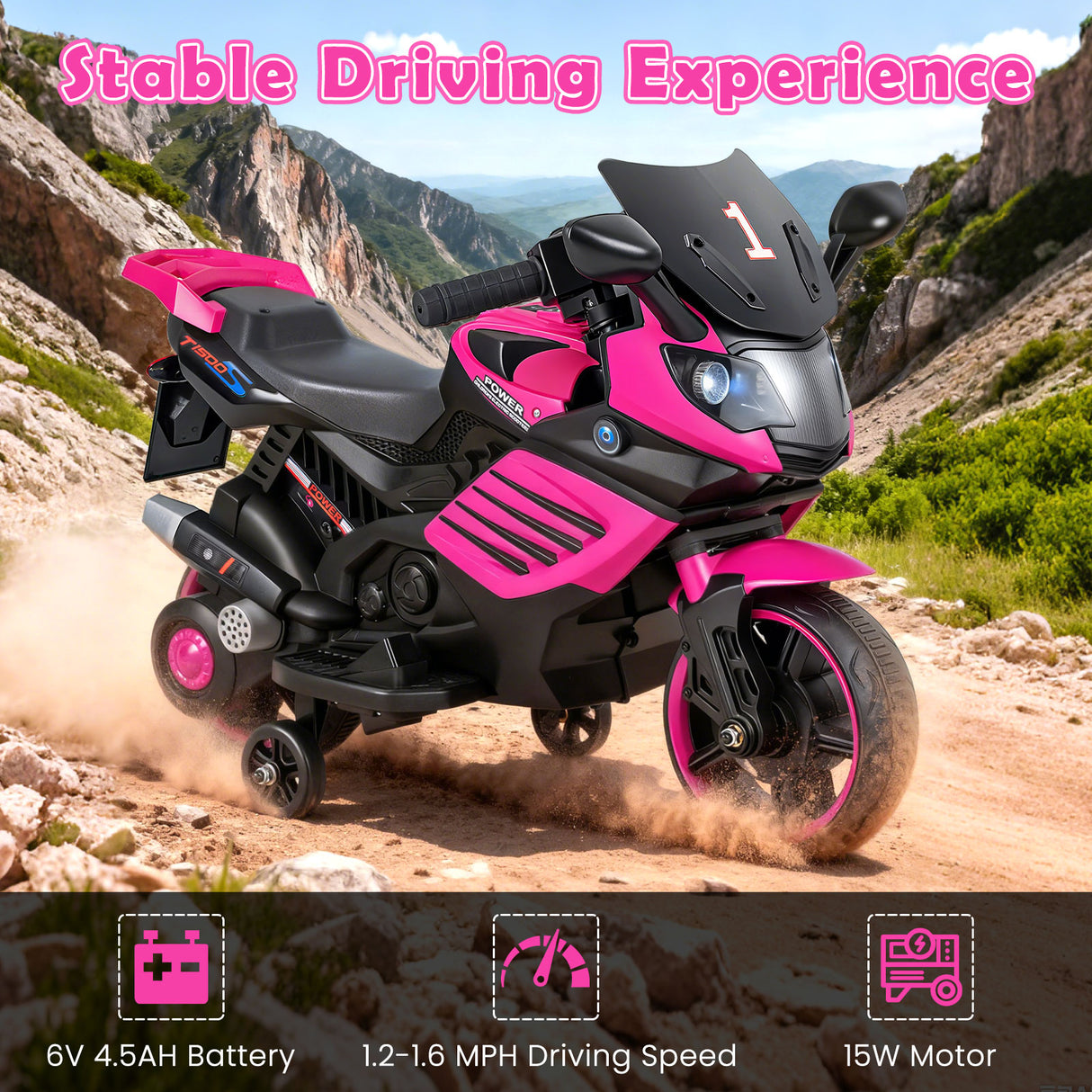 6V Kids Motorcycle with Headlights Music and Detachable Training Wheels-Pink