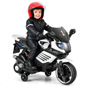 6V Kids Motorcycle with Headlights Music and Detachable Training Wheels-White