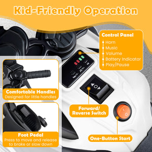 6V Kids Motorcycle with Headlights Music and Detachable Training Wheels-White