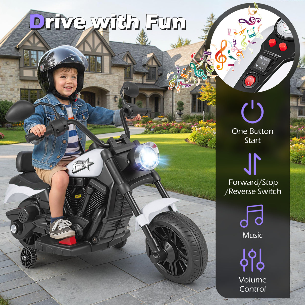 6V Kids Motorcycle with Headlight and Music and Training Wheels-White