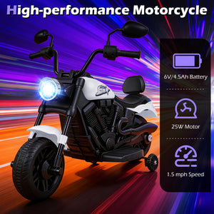 6V Kids Motorcycle with Headlight and Music and Training Wheels-White