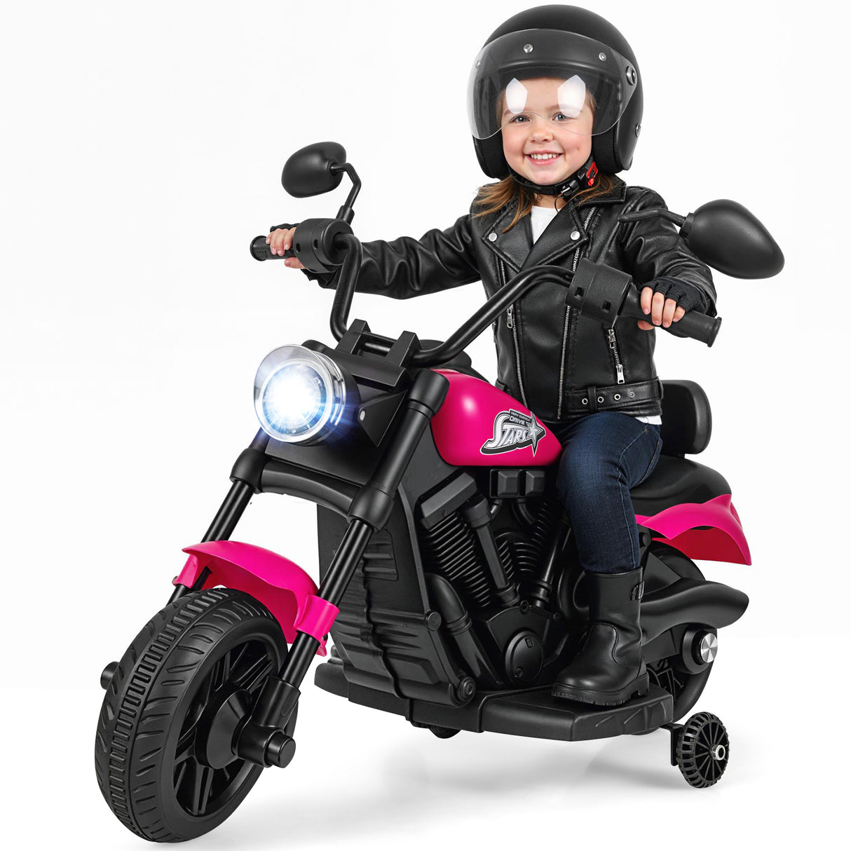 6V Kids Motorcycle with Headlight and Music and Training Wheels-Pink