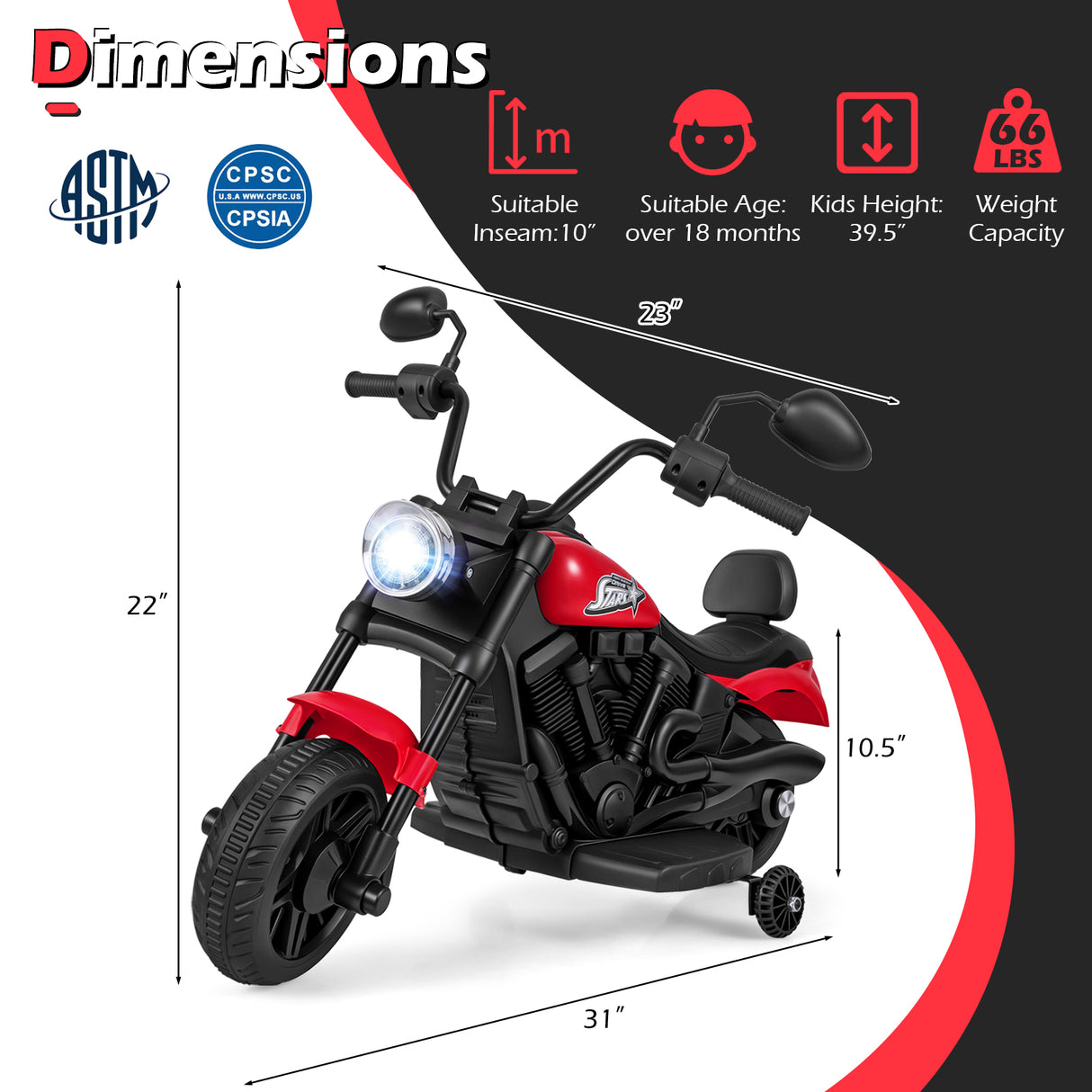 6V Kids Motorcycle with Headlight and Music and Training Wheels-Red