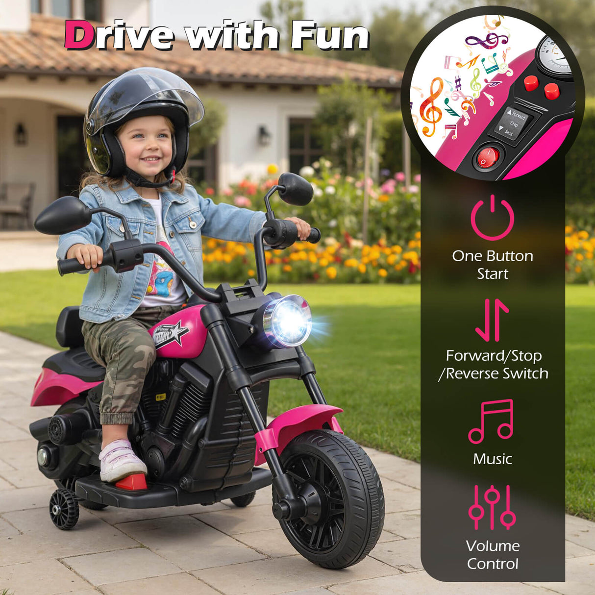 6V Kids Motorcycle with Headlight and Music and Training Wheels-Pink