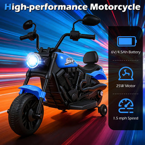 6V Kids Motorcycle with Headlight and Music and Training Wheels-Navy
