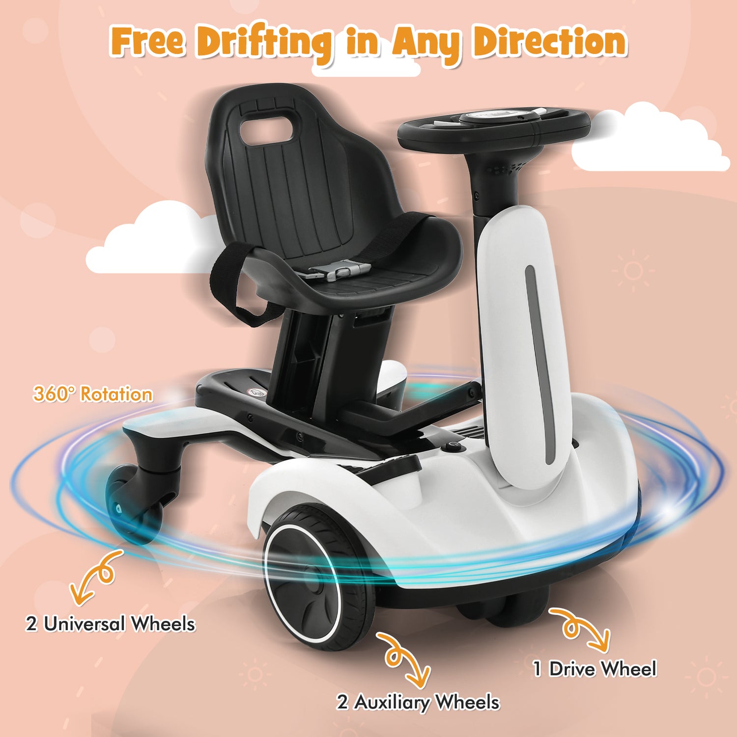 6V Kids Ride on Drift Car with 360 ° Spin and 2 Adjustable Heights-White