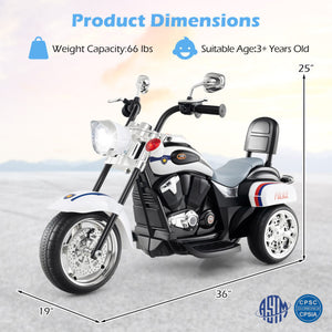 6V Powered Toddler 3-Wheel Motorbike Ride On Toy with Horn and Headlight-Black and White