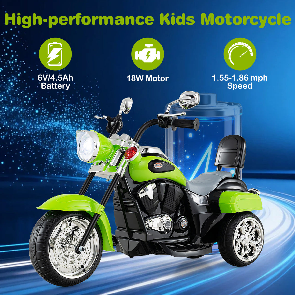 6V Powered Toddler 3-Wheel Motorbike Ride On Toy with Horn and Headlight-Green