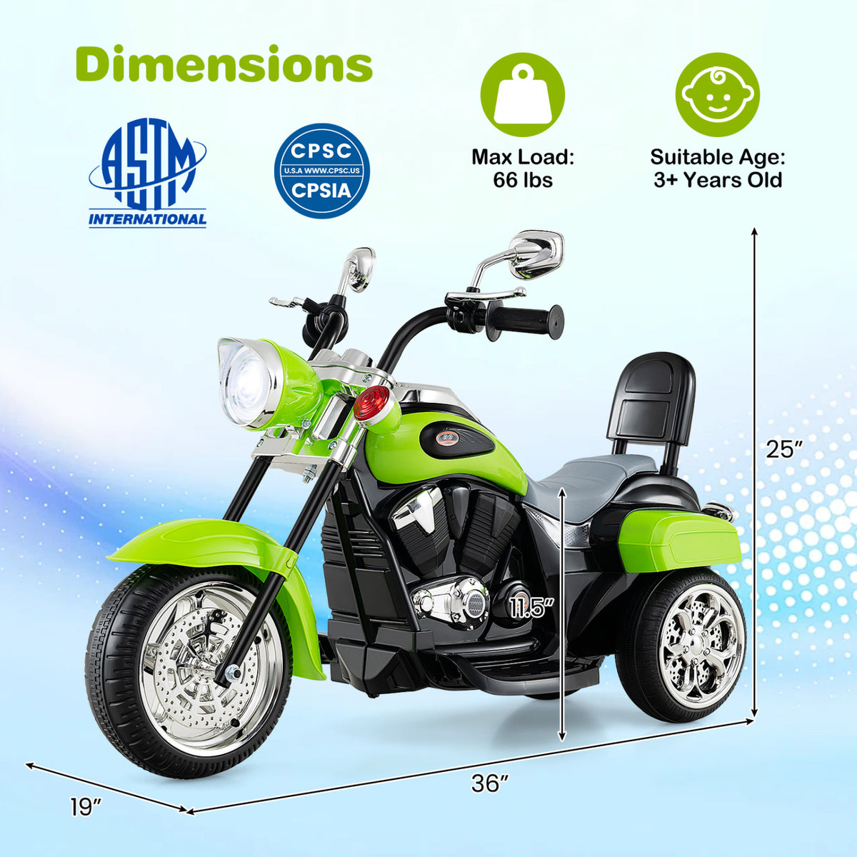 6V Powered Toddler 3-Wheel Motorbike Ride On Toy with Horn and Headlight-Green