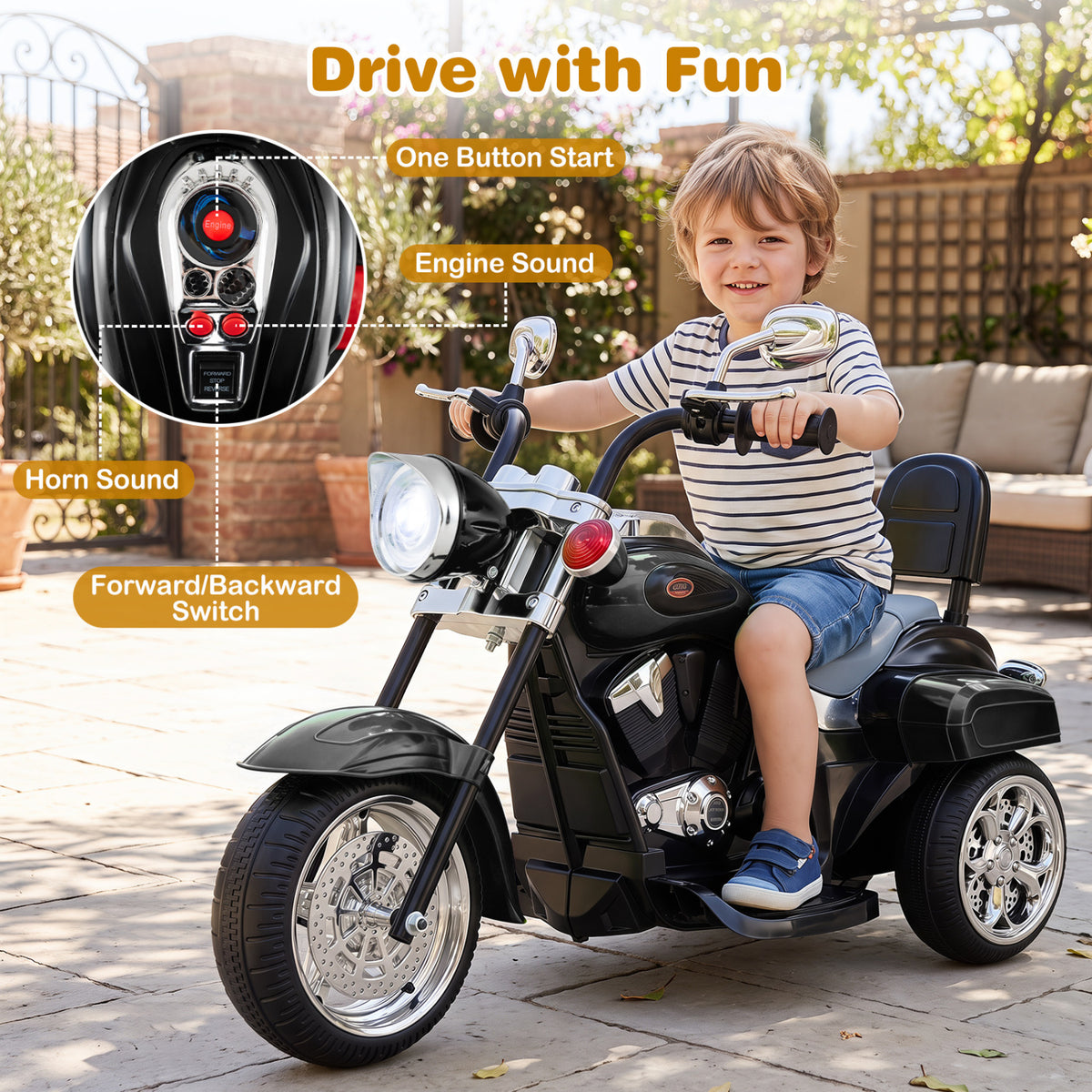 6V Powered Toddler 3-Wheel Motorbike Ride On Toy with Horn and Headlight-Black