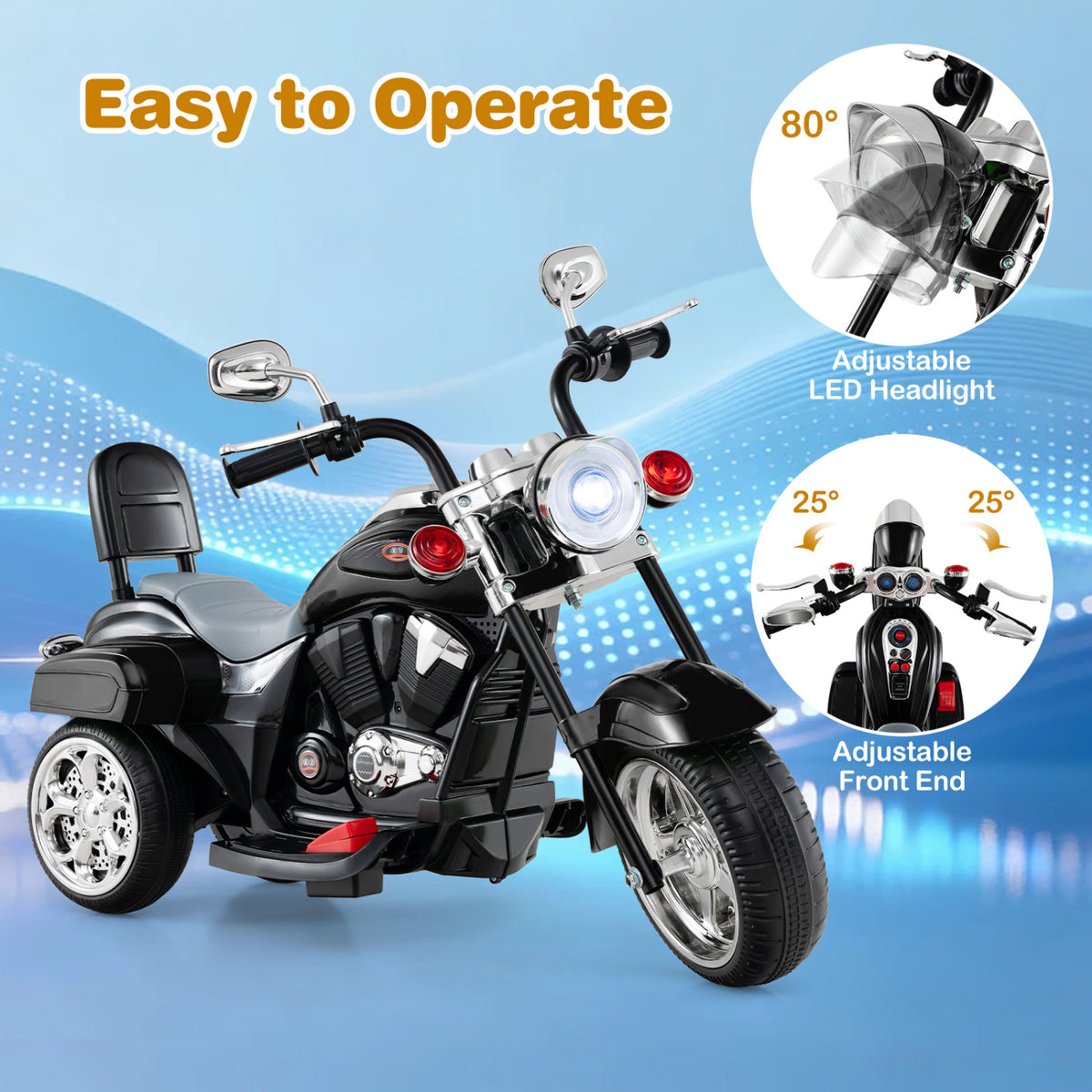 6V Powered Toddler 3-Wheel Motorbike Ride On Toy with Horn and Headlight-Black