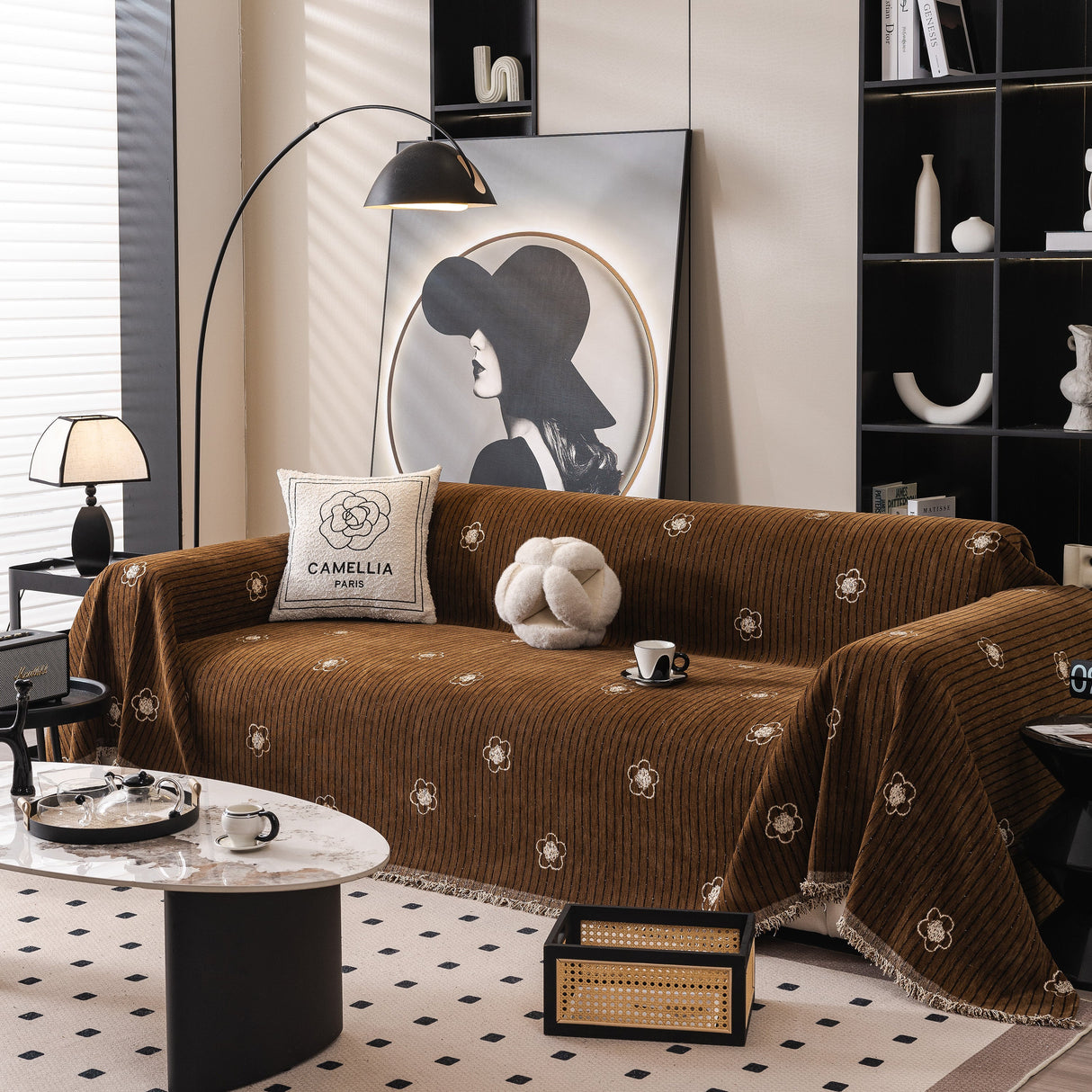 Chenille Camellia Floral Sofa Throw Cover Couch Blanket with Striped Jacquard