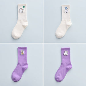 4Pair Spring And Summer Combed Out Of Pure Cotton Socks Mid Waist Fashion Bear Socks Cute Animal Socks Kawaii Cute Cartoon Purple College Socks For Men And Women