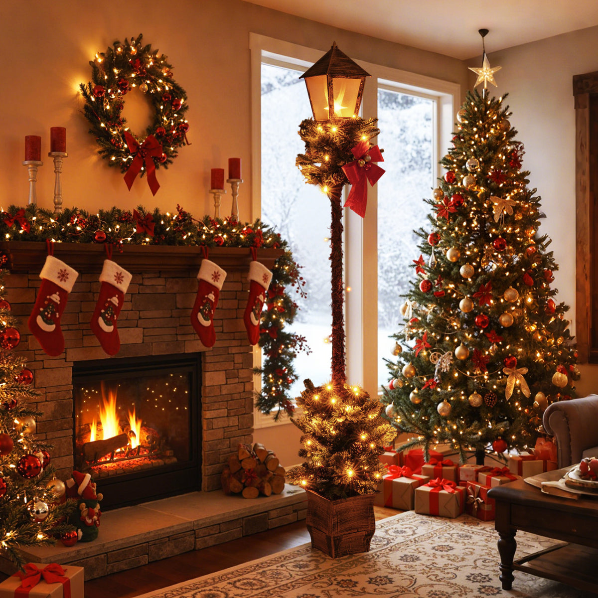 6.1 Feet Christmas Pre-lit Street Lamp with Artificial Greenery and Snow-flocked Branch Tips-Yellow