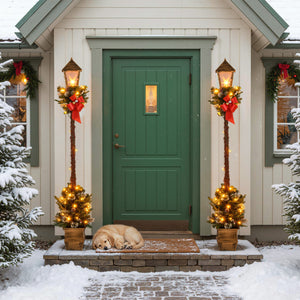6.1 Feet Christmas Pre-lit Street Lamp Set of 2 with Artificial Greenery and Snow-flocked Branch Tips-Yellow