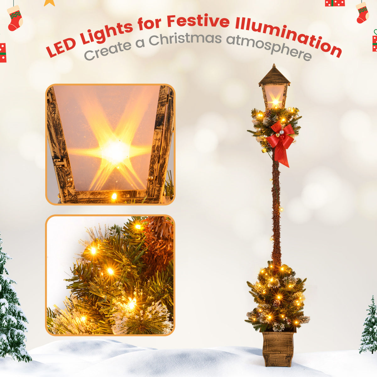 6.1 Feet Christmas Pre-lit Street Lamp Set of 2 with Artificial Greenery and Snow-flocked Branch Tips-Yellow