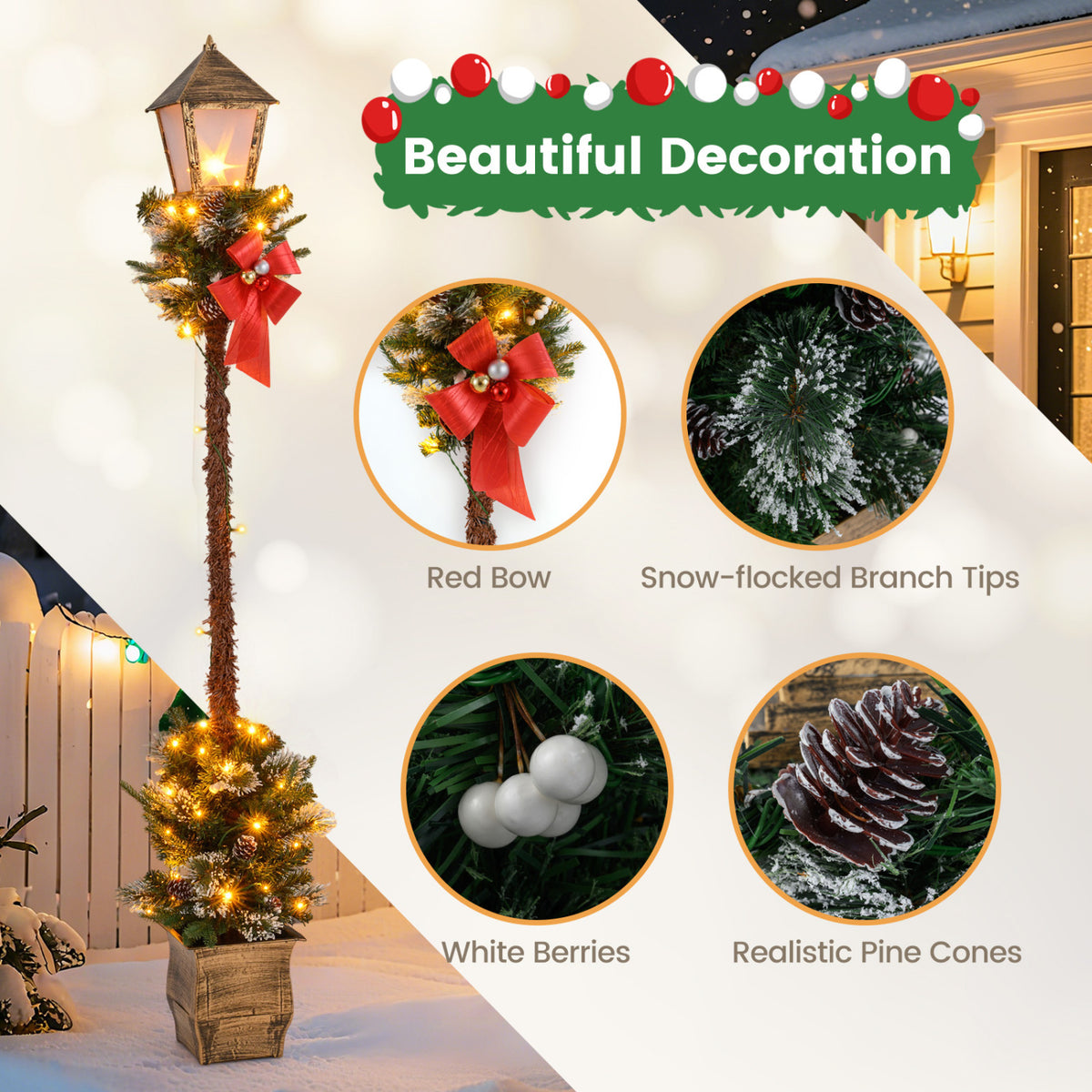 6.1 Feet Christmas Pre-lit Street Lamp Set of 2 with Artificial Greenery and Snow-flocked Branch Tips-Yellow
