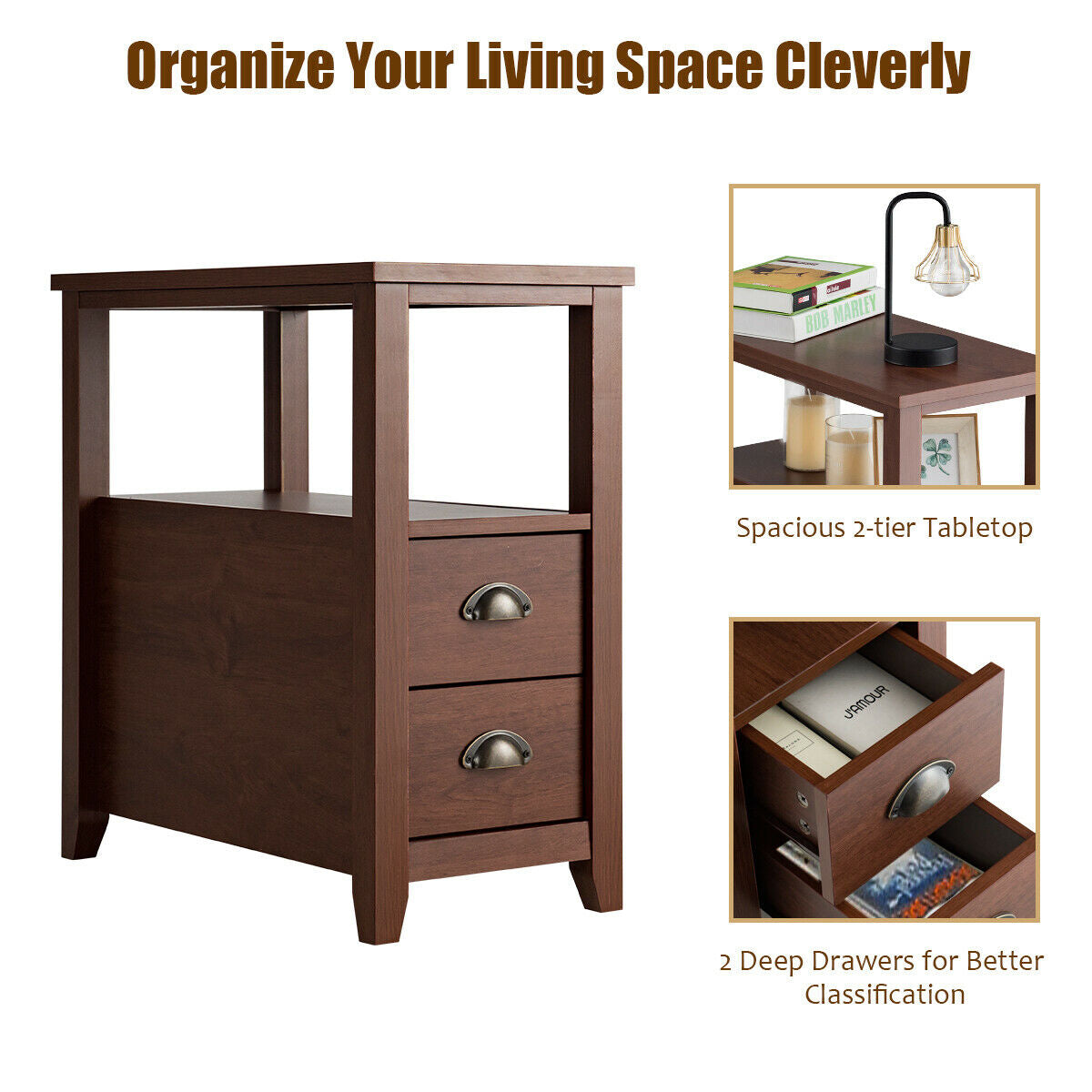 Set of 2 End Table Wooden with 2 Drawer & Shelf Bedside Table-Brown