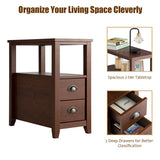 Set of 2 End Table Wooden with 2 Drawer & Shelf Bedside Table-Brown