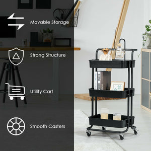 3-Tier Utility Cart Storage Rolling Cart with Casters-Black