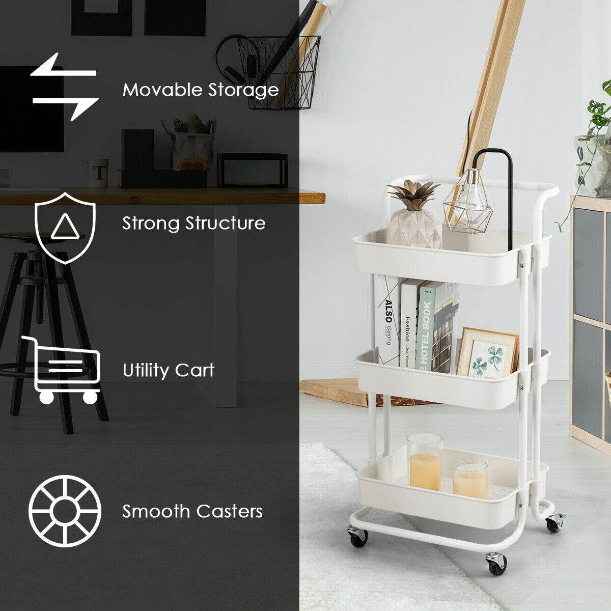 3-Tier Utility Cart Storage Rolling Cart with Casters-Black