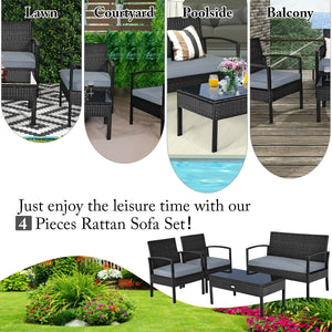 4 Pieces Patio Rattan Cushioned Furniture Set with Loveseat and Table -Brown