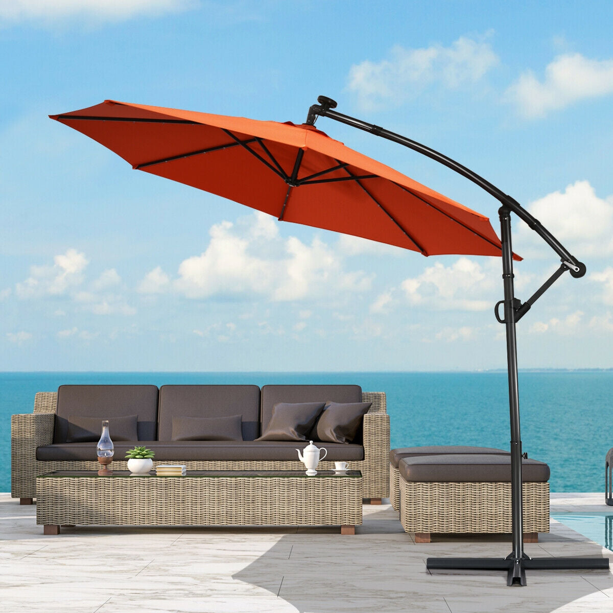10 ft 360° Rotation Solar Powered LED Patio Offset Umbrella without Weight Base-Orange by DirectDeals