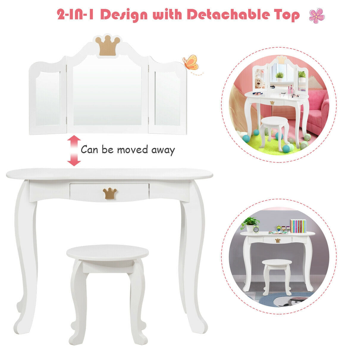 Kids Makeup Dressing Table with Tri-folding Mirror and Stool-Pink