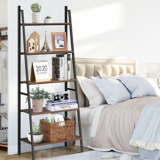 5 Tier Leaning Bookshelf Wood Metal Bookcase