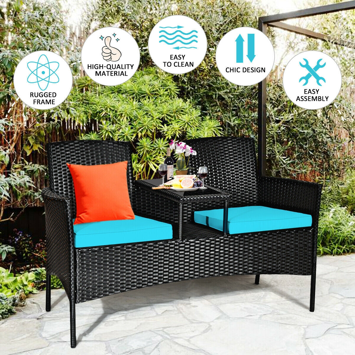 Wicker Patio Conversation Furniture Set with Removable Cushions and Table-White