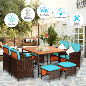9 Pieces Patio Rattan Dining Cushioned Chairs Set-Red