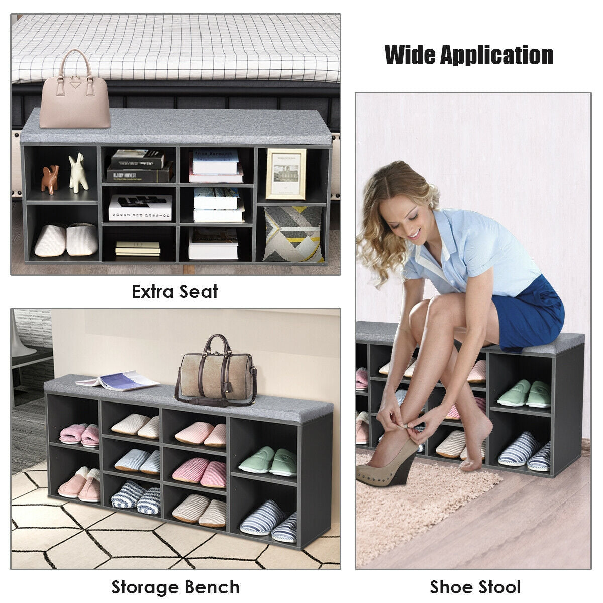 10-Cube Organizer Shoe Storage Bench with Cushion for Entryway-Gray by DirectDeals