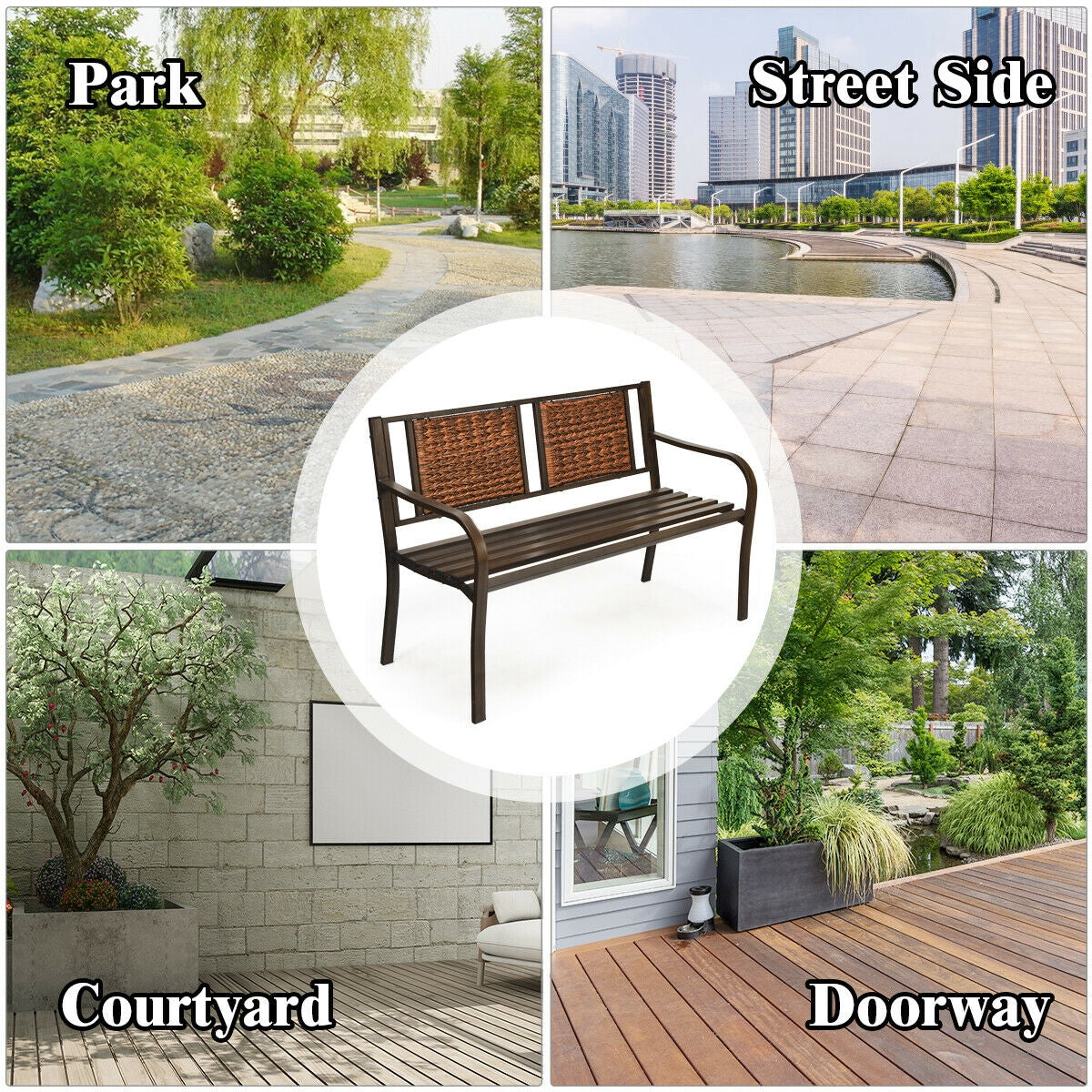 Patio Garden Bench with Powder Coated Steel Frame for Lawn
