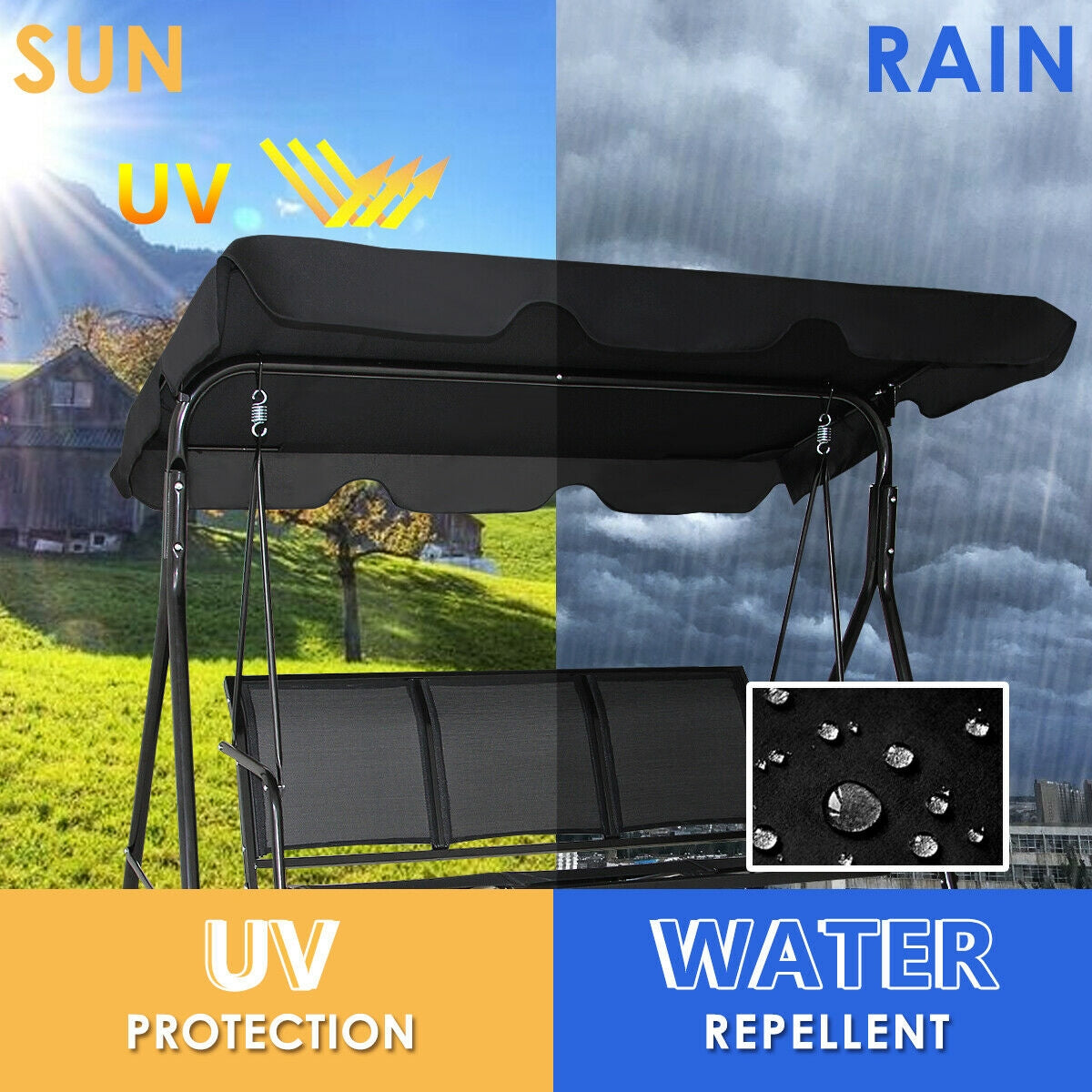 3 Person Steel Frame Patio Swing with Polyester Angle and Adjustable Canopy-Brown