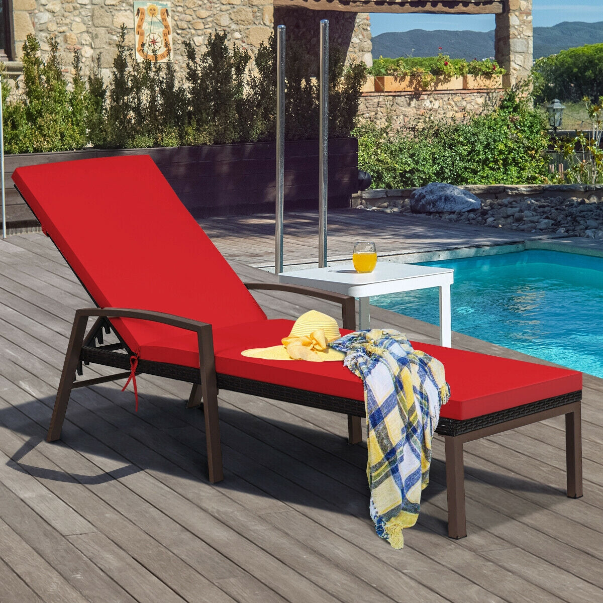 2 Pieces Patio Rattan Adjustable Back Lounge Chair with Armrest and Removable Cushions-Turquoise