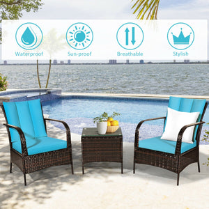 3 Pcs Patio Conversation Rattan Furniture Set with Glass Top Coffee Table and Cushions-Gray