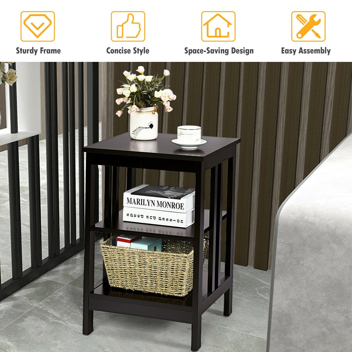 3-Tier Nightstand Sofa Side Table with Baffles and Round Corners-Black