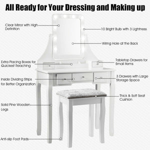 Vanity Dressing Table Set with 10 Dimmable Bulbs and Cushioned Stool-Black