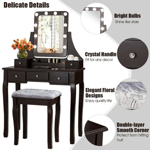 Vanity Dressing Table Set with 10 Dimmable Bulbs and Cushioned Stool-Black