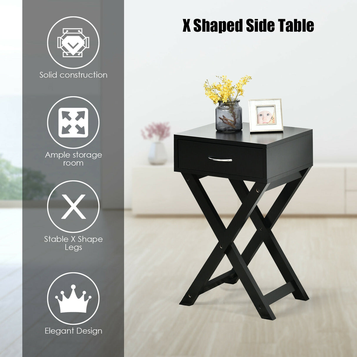 Design Sofa Side Table with X-Shape Drawer for Living Room Bedroom-White