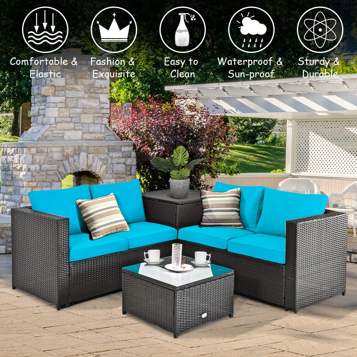 4 Pieces Outdoor Patio Rattan Furniture Set with Cushioned Loveseat and Storage Box-Brown