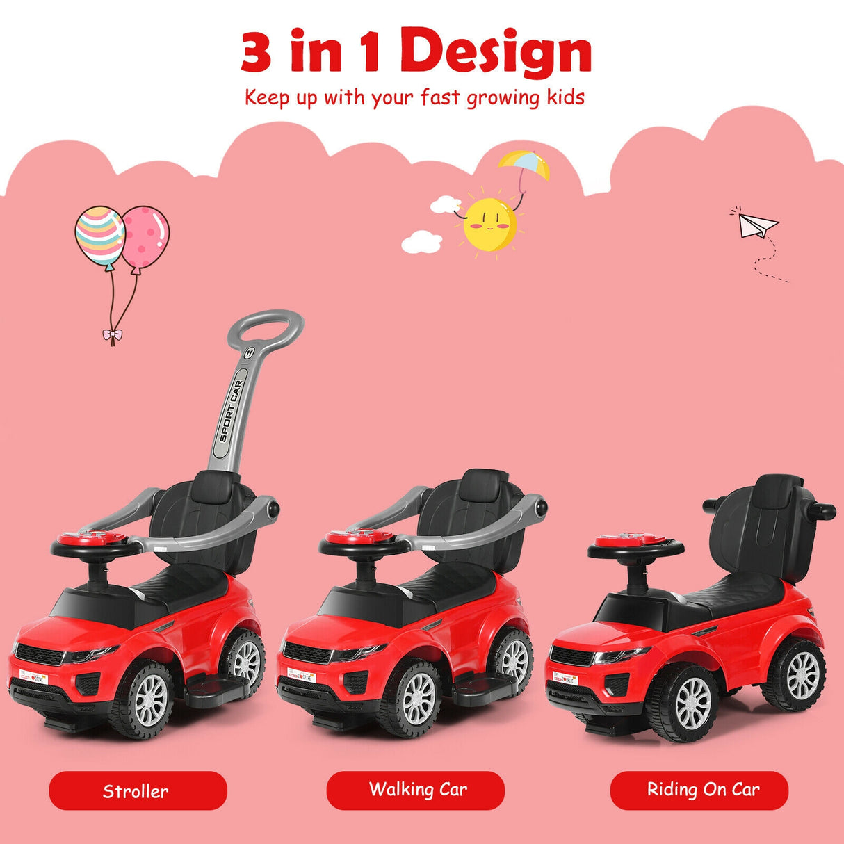 3 in 1 Ride on Push Car Toddler Stroller Sliding Car with Music-Black