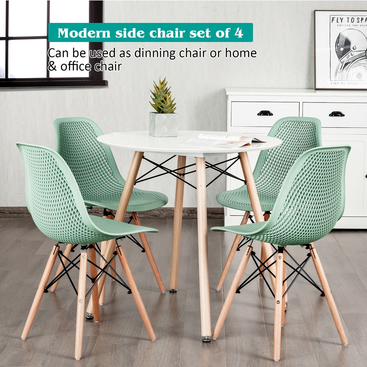 4 Pieces Modern Plastic Hollow Chair Set with Wood Leg-Black