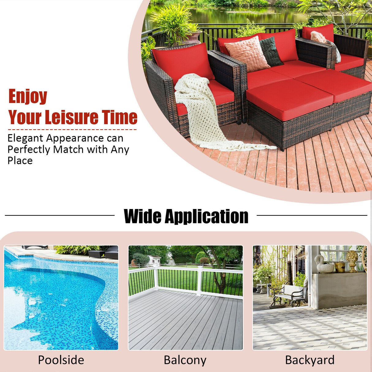 5 Pieces Patio Cushioned Rattan Furniture Set-White