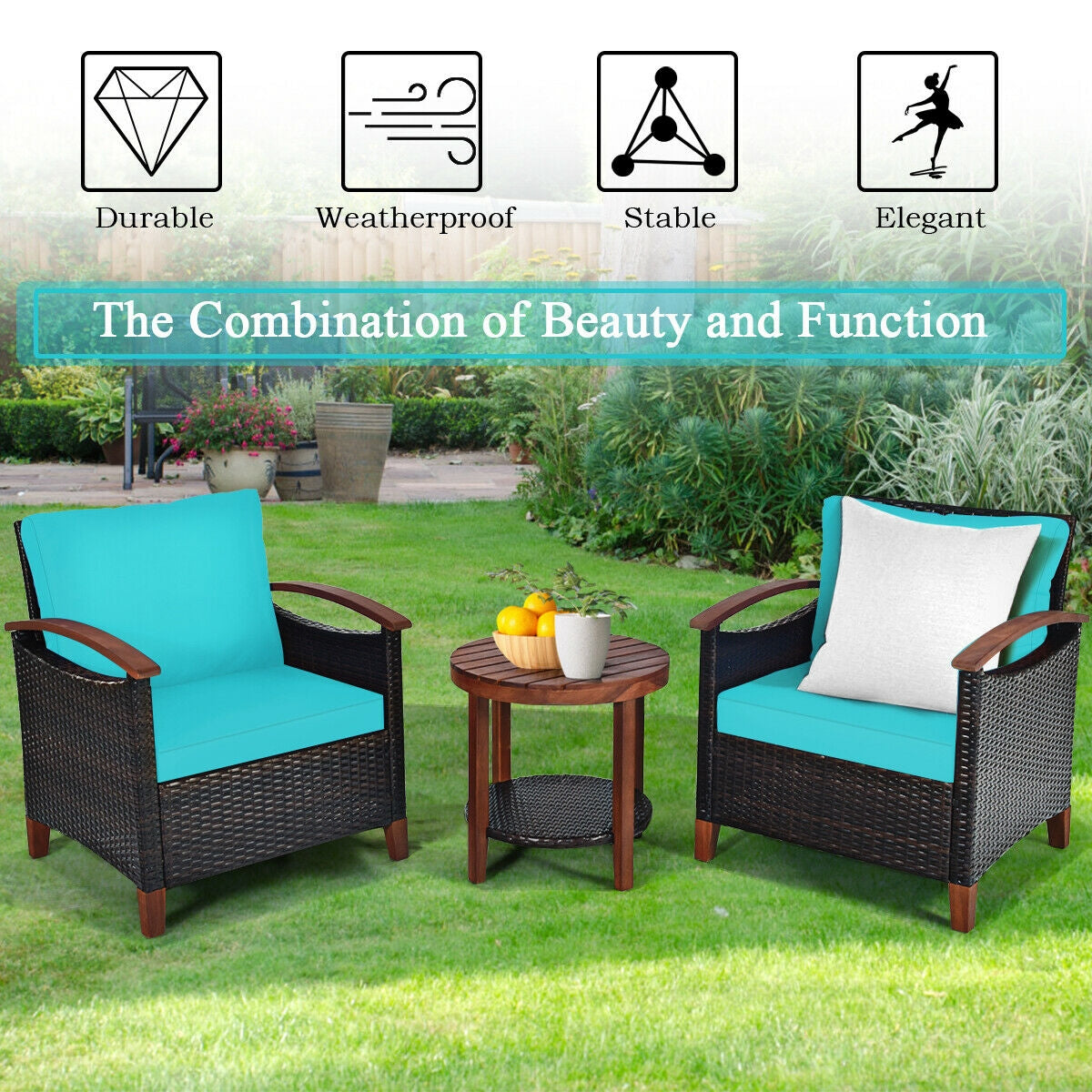 3 Pieces Patio Rattan Furniture Set with Washable Cushion and Acacia Wood Tabletop-Blue